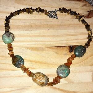 ARTISAN Earthy Genuine Gemstones Amber & Tiger’s Eye Choker Necklace 16”